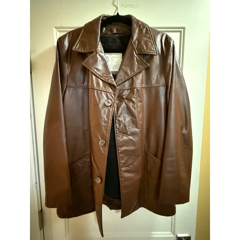 Vintage London Fog Mens Brown Leather Jacket Faux Fur Lined Made in USA 38 Reg